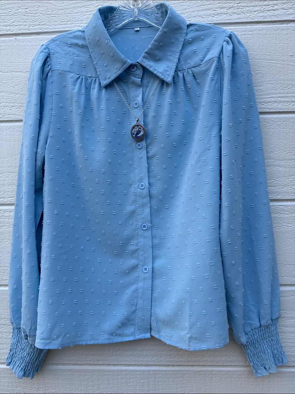 Light Blue Textured light & lovely, feminine Button-Up Blouse.
